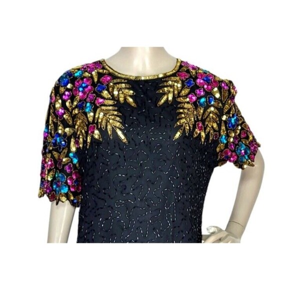 Vintage 80s STENAY Art Deco Sequined Beaded 100% Silk Party Dress Size 10 India - Picture 2 of 9